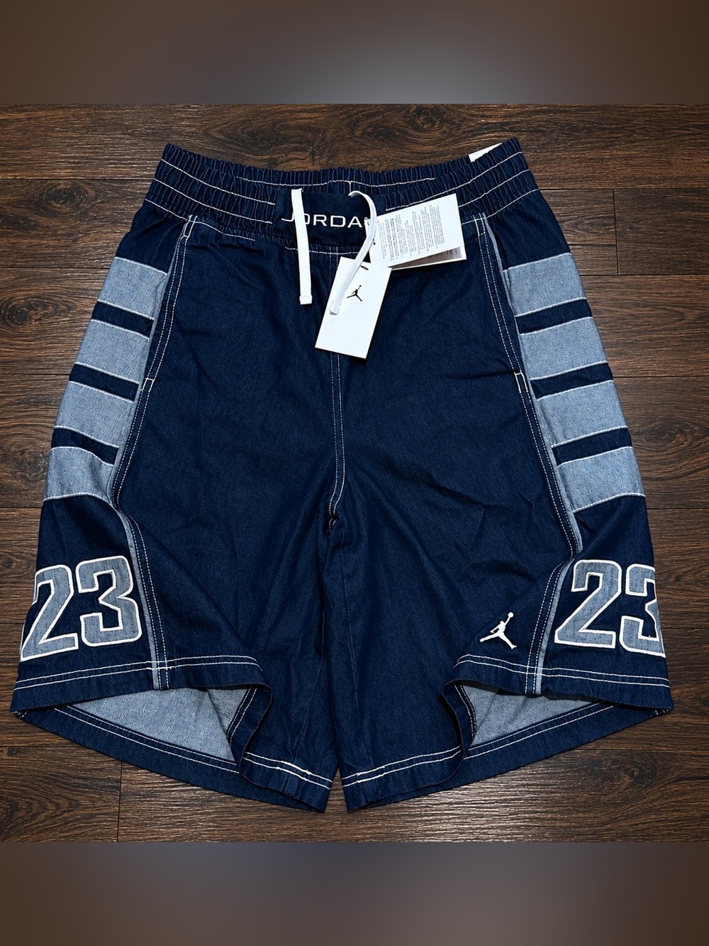 Jordan Men's Dark Blue Athletic Shorts with Light Blue Stripes and 23 Patch